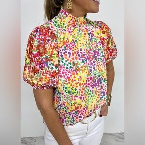 Colorful Ruffle Neck Blouse with Embroidered Puff Sleeves Boutique Printed